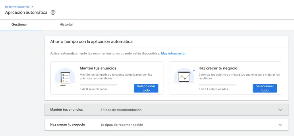 Aplicación automática de Recomendaciones 2 google ads