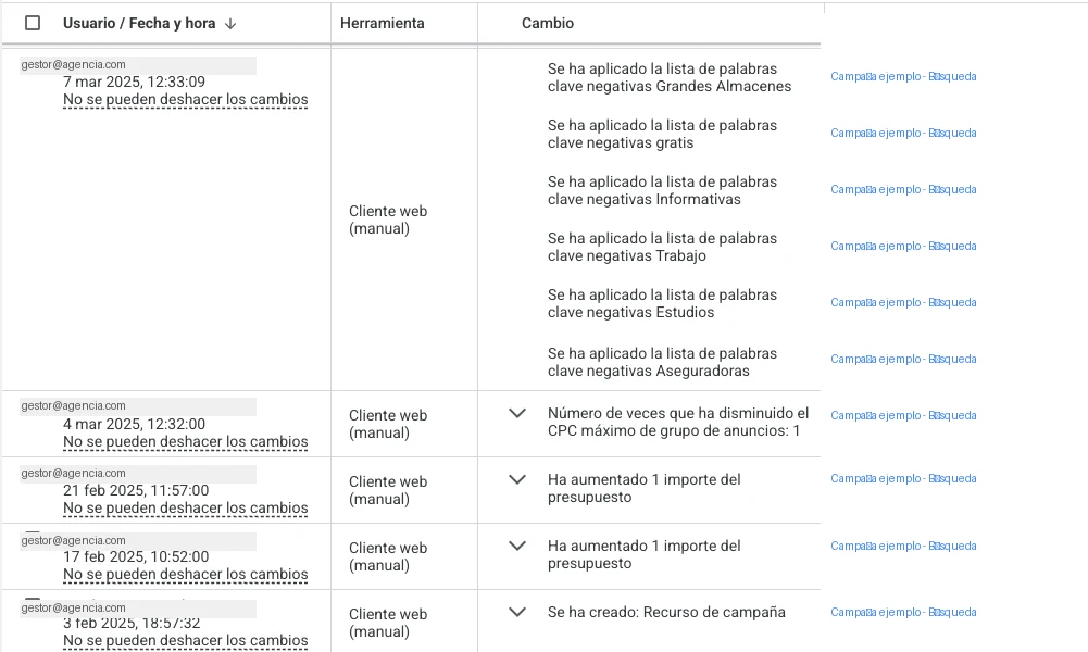 Historial de cambios de Google Ads mostrando actividad de optimización