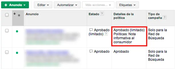 anuncios denegados en Google Adwords