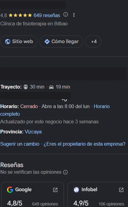 Ficha de Google Business Profile completa, con valoración, categoría, horario y la indicación de que el negocio la actualizó hace tres semanas
